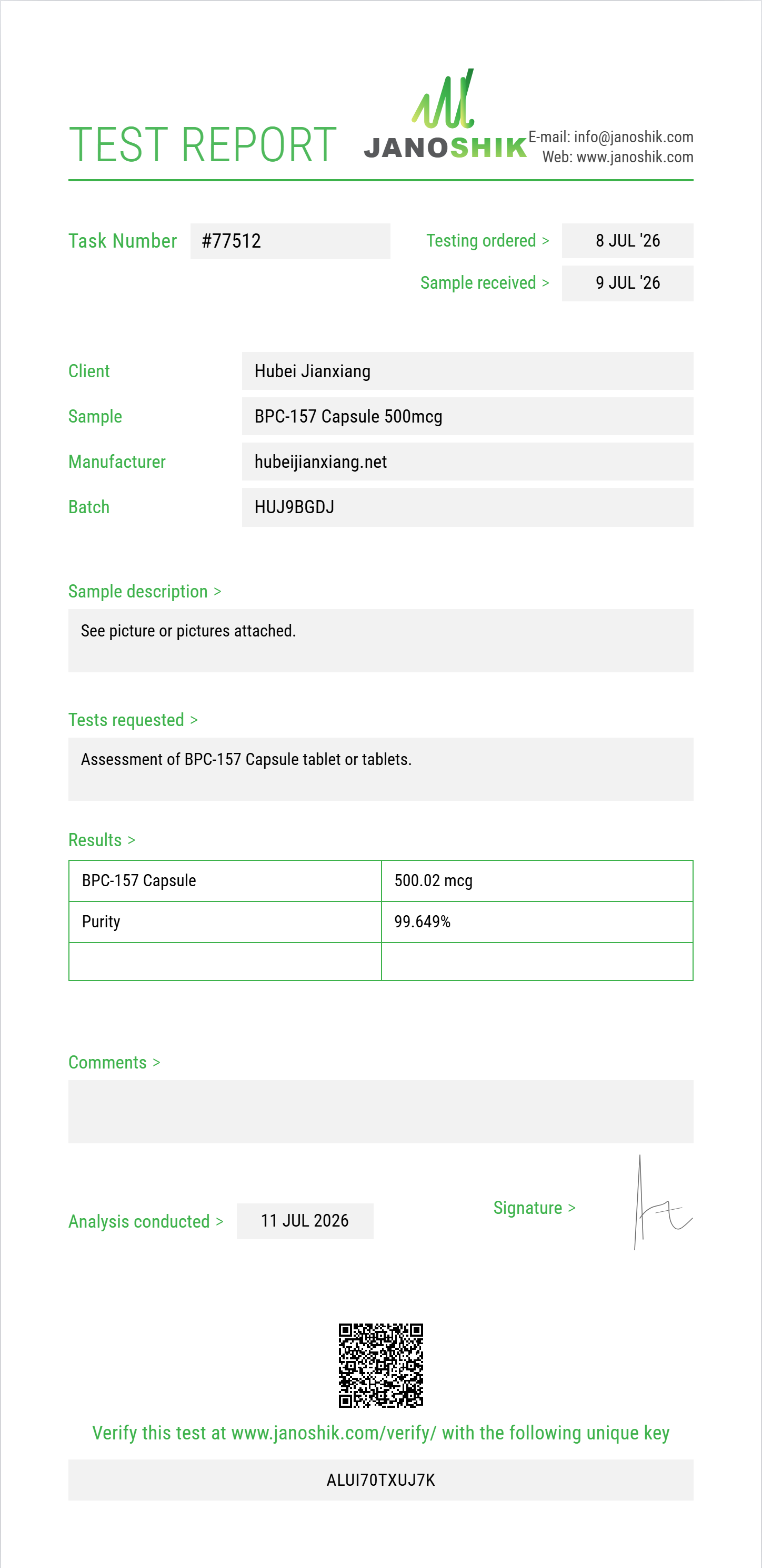BPC-157 Capsule Purity (HPLC) report by Janoshik Analytical