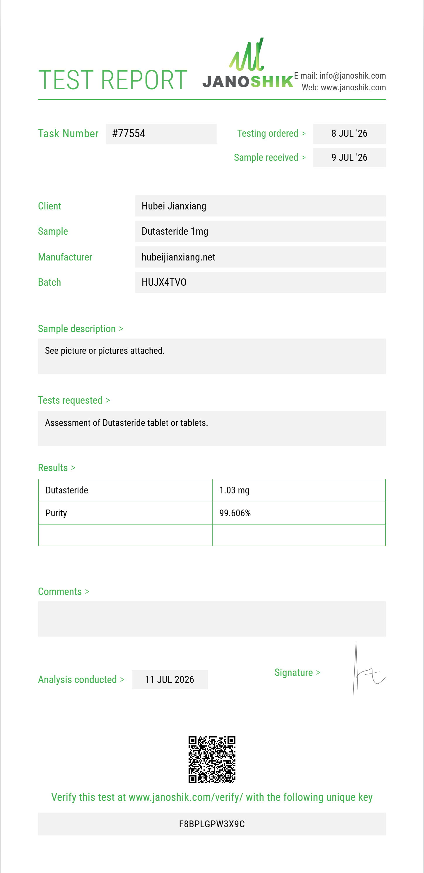 Dutasteride Purity (HPLC) report by Janoshik Analytical
