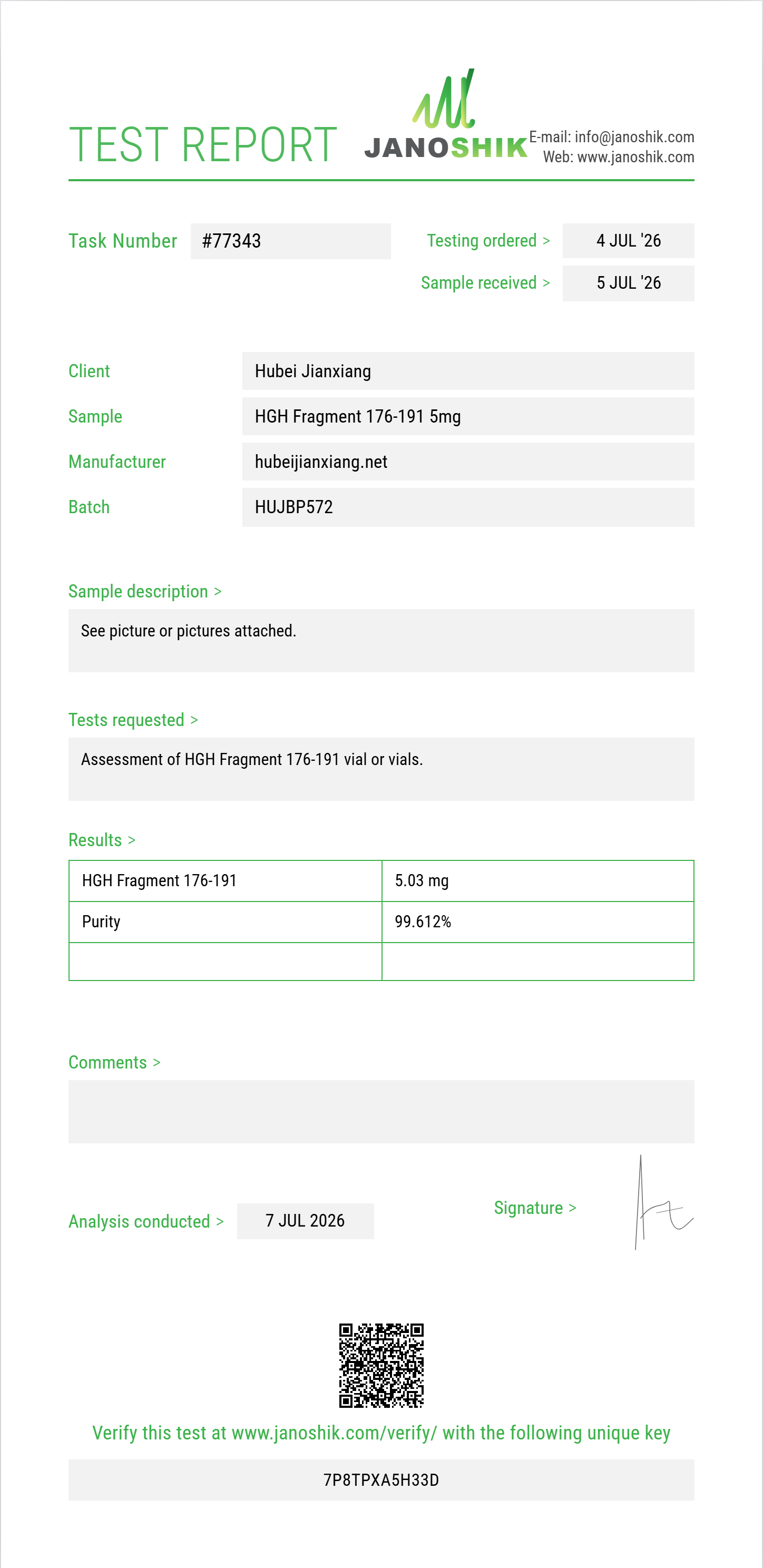 HGH Fragment 176-191 Purity (HPLC) report by Janoshik Analytical