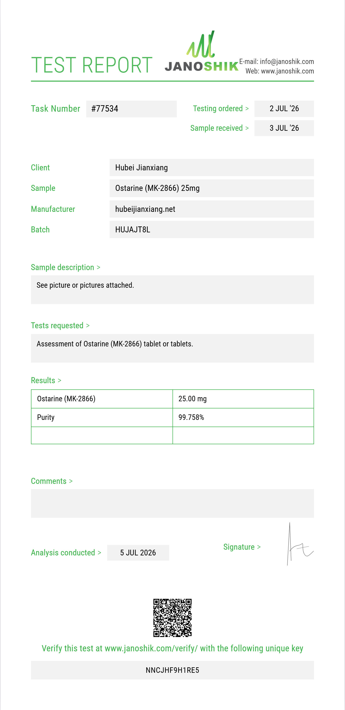 Ostarine (MK-2866) Purity (HPLC) report by Janoshik Analytical