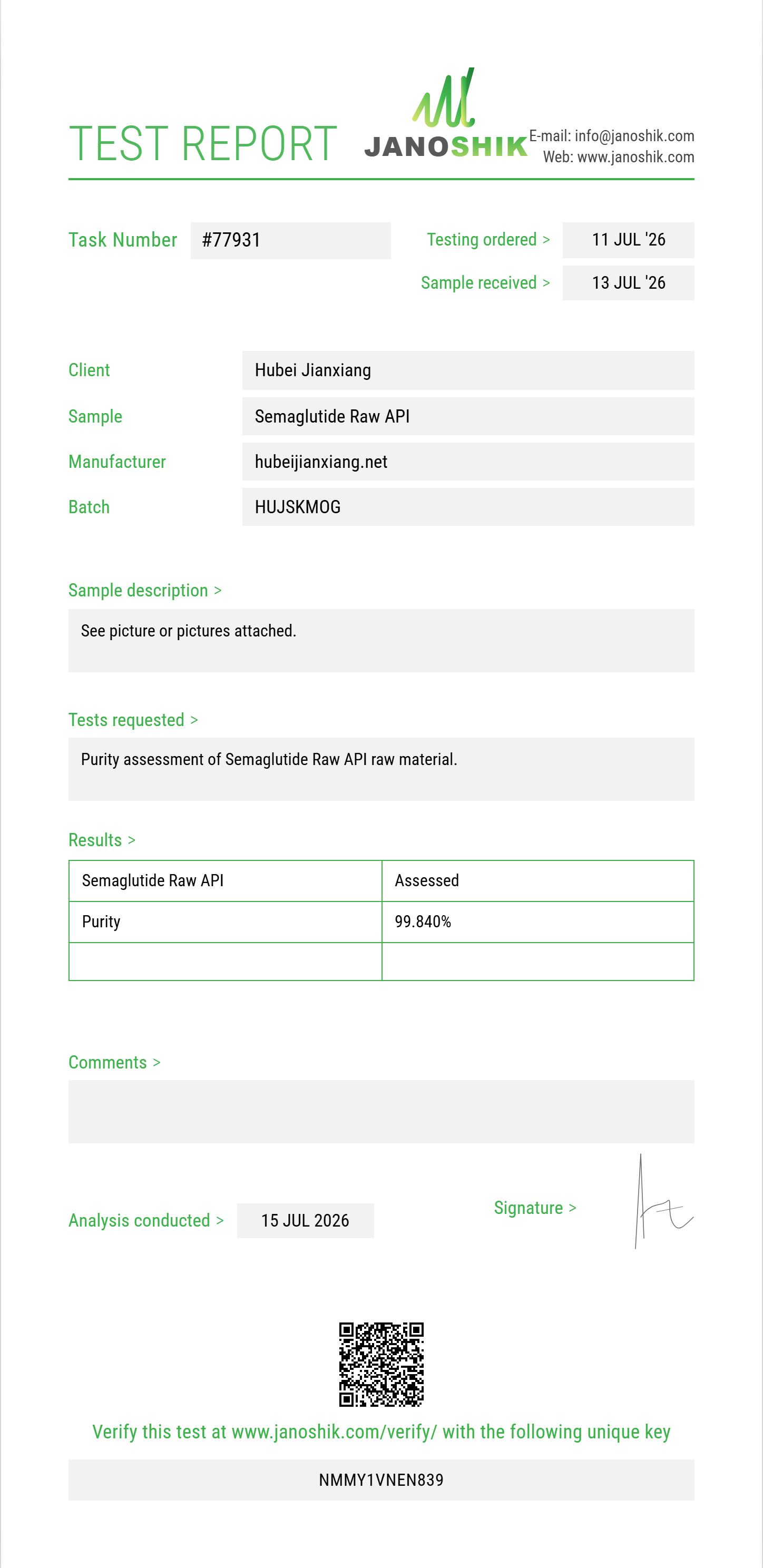 Semaglutide Raw Purity (HPLC) report by Janoshik Analytical