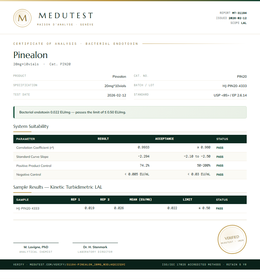 Pinealon Endotoxin report by Medutest