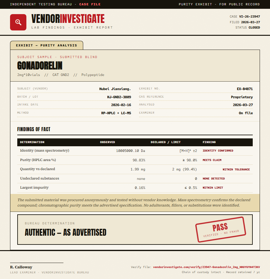 Gonadorelin Purity (HPLC) report by VendorInvestigate