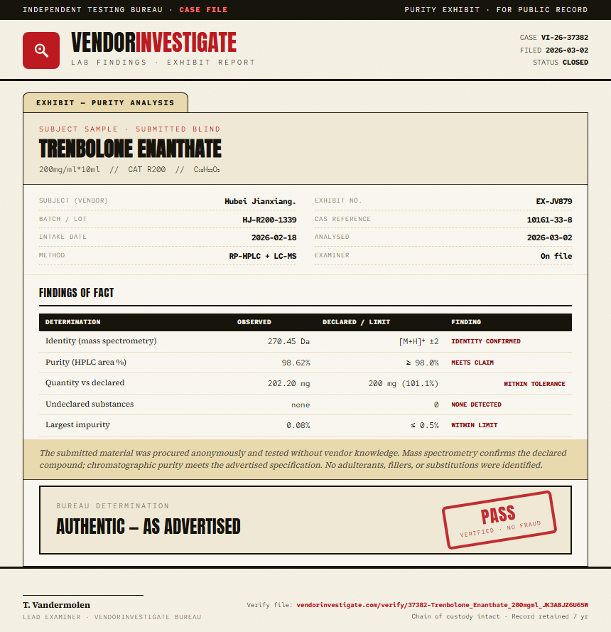 Trenbolone Enanthate Purity (HPLC) report by VendorInvestigate